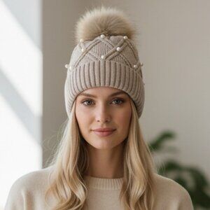 2/$30 Beige Stylish Knit Beanie with Faux Fur Pom-Pom & Pearl Embellishments